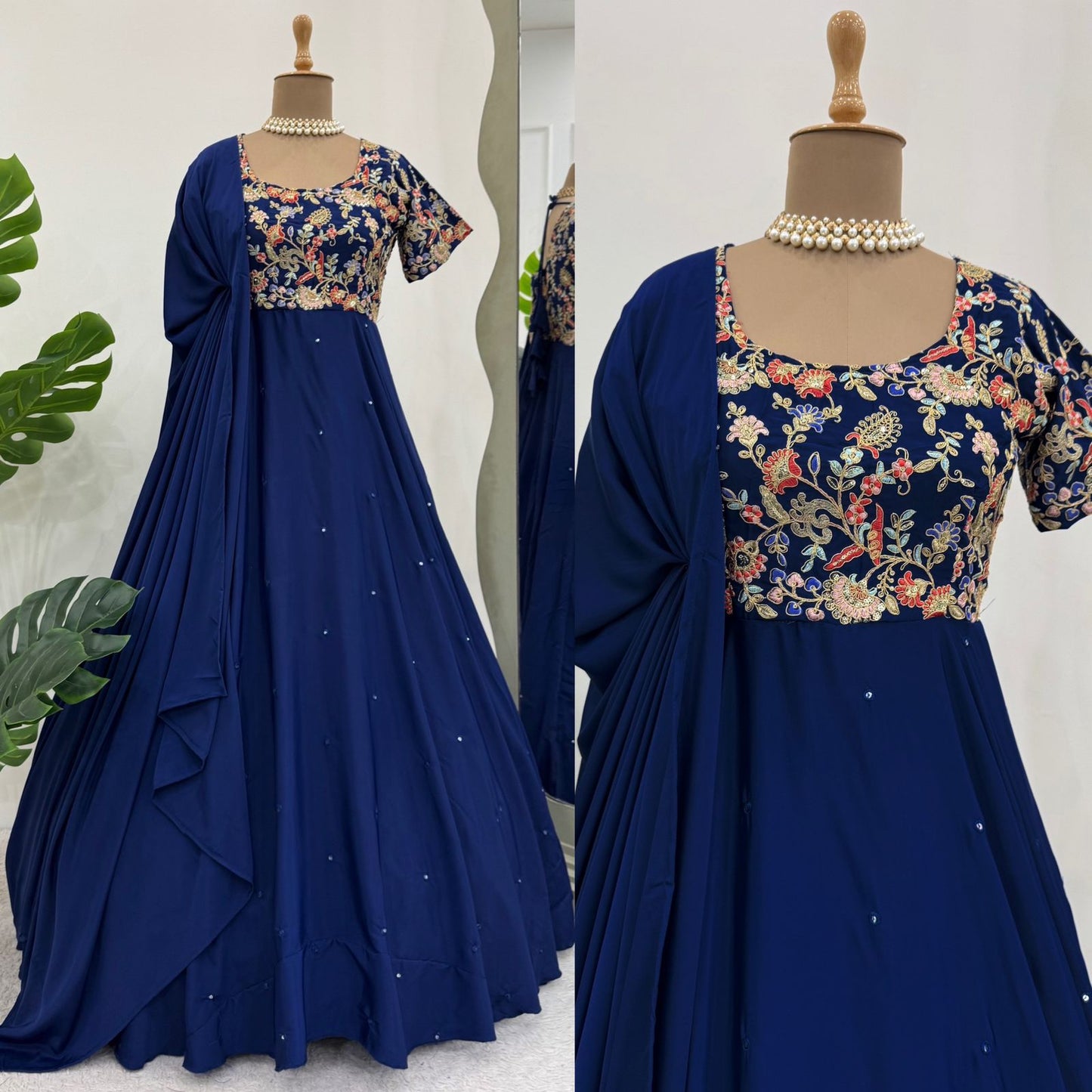 Navy Blue and Pink Color Crep Silk Long Stitched Anarkali Suit
