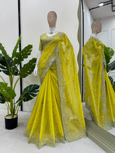 Load image into Gallery viewer, Wedding Wear Lemon Yellow Tubby Silk Heavy Border Work Saree Blouse
