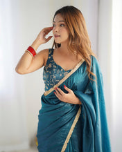 Load image into Gallery viewer, 1 Min Ready to Wear Teal Blue Gold Rush Silk Saree Blouse
