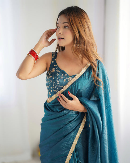 1 Min Ready to Wear Teal Blue Gold Rush Silk Saree Blouse