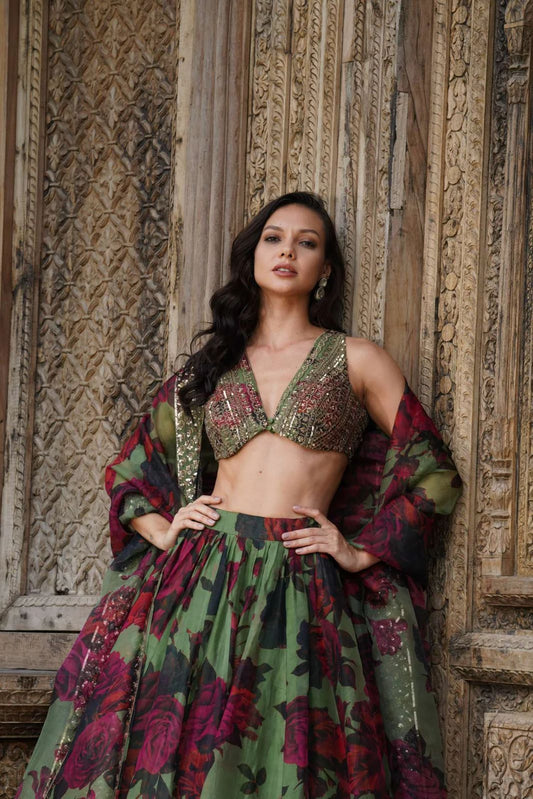 Green Digi Printed Tuby Organza Silk Lehenga Choli