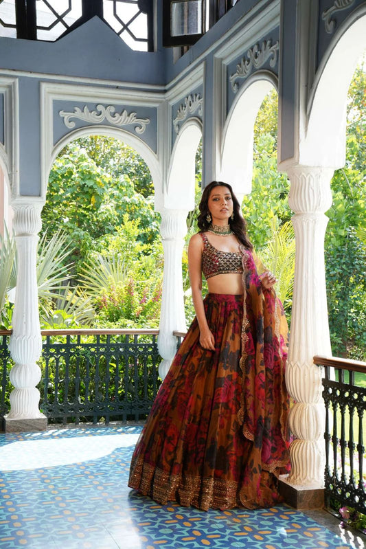 Rust Color Digi Printed Tuby Organza Silk Lehenga Choli