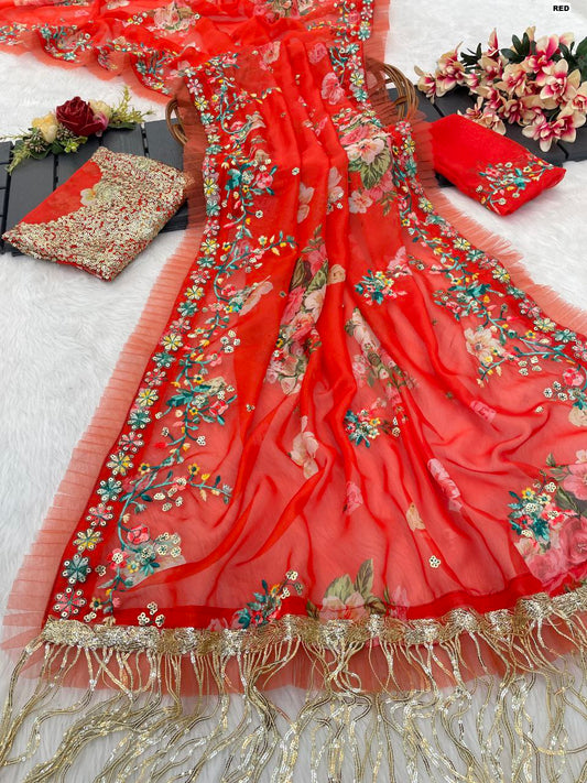 Tuby Organza Silk Print With Heavy Zalar & Frill on Saree of Pallu