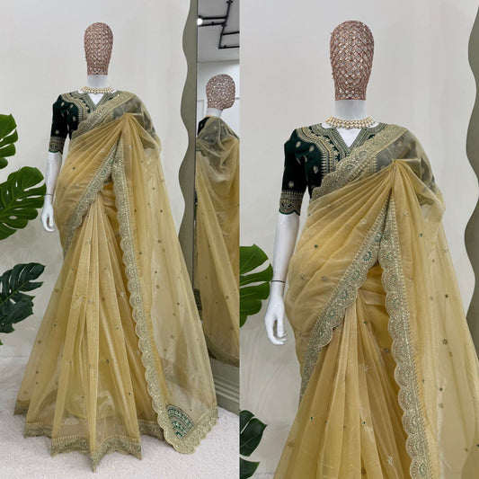 Party Wear Twill Net Embroidered Saree Blouse