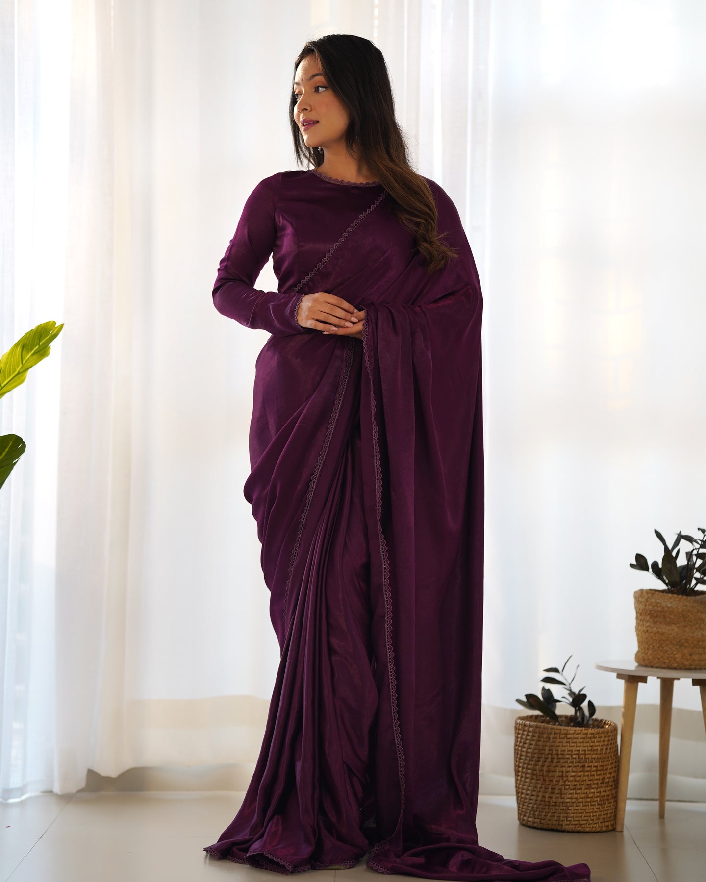 Wine Color Premiume Marble Velvet 1 Min Ready To Wear Saree