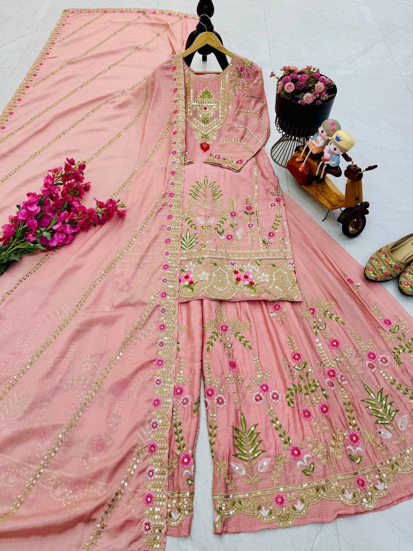 Wedding Wear Chinon Silk Embroidered Sharara Suit with Dupatta