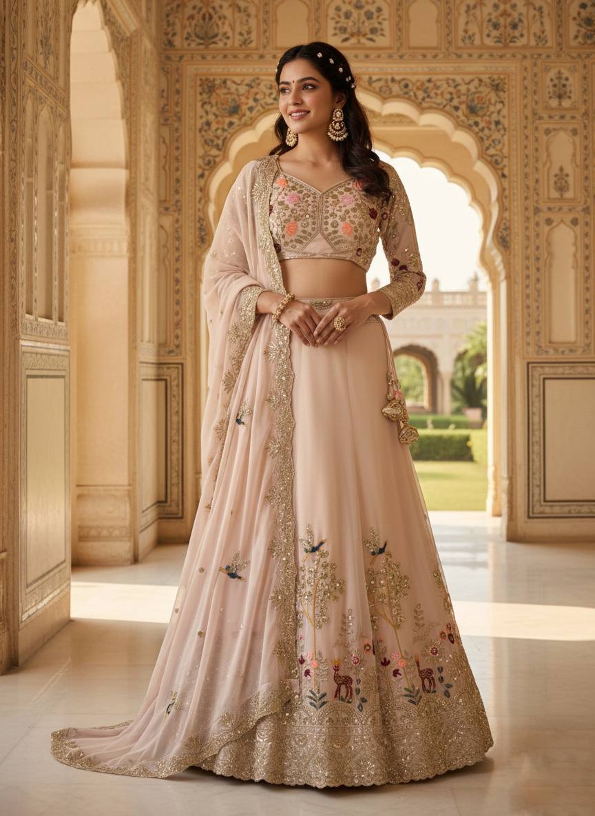 Beige Faux Georgette Wedding Lehenga Choli