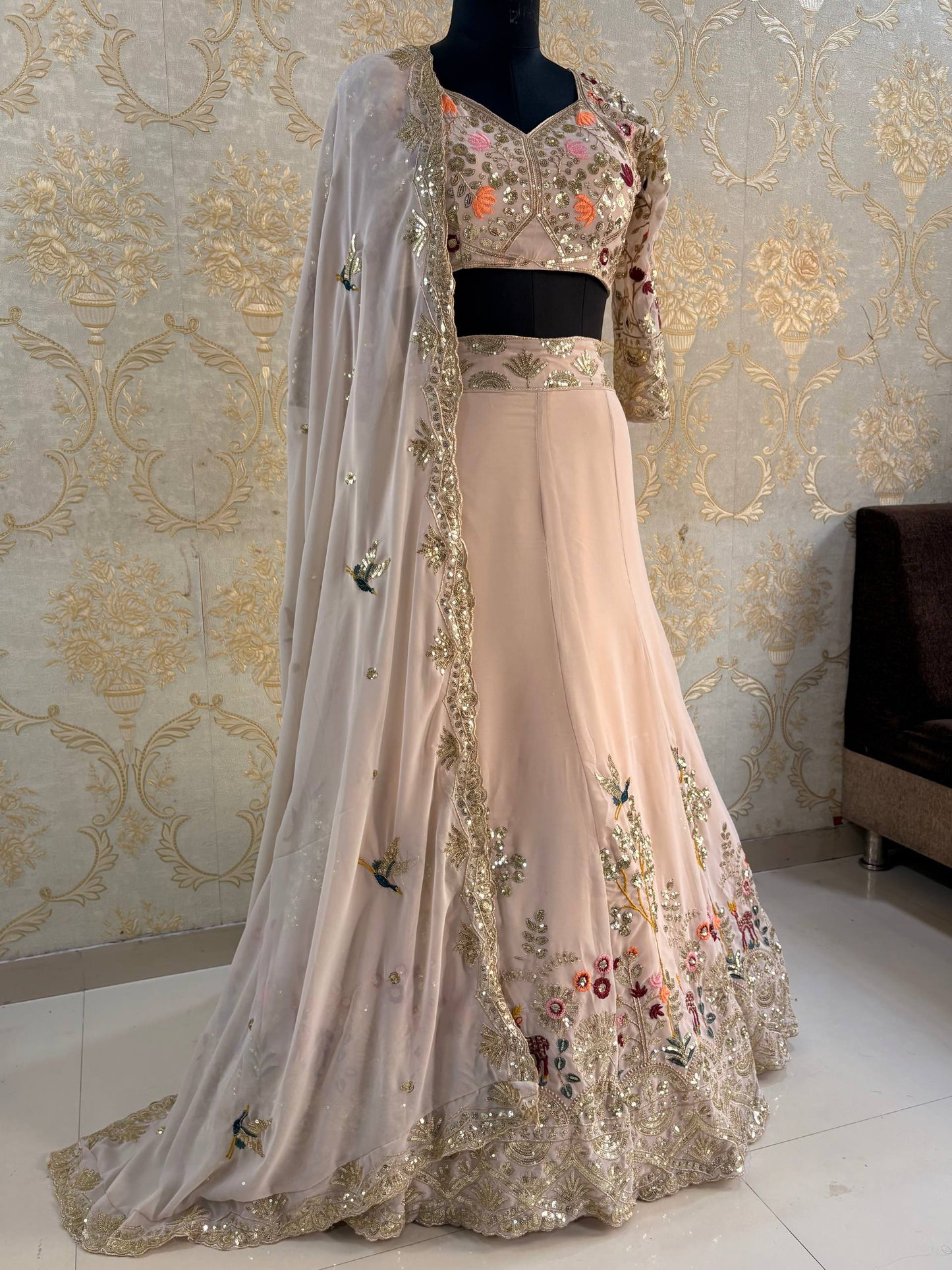 Beige Faux Georgette Wedding Lehenga Choli