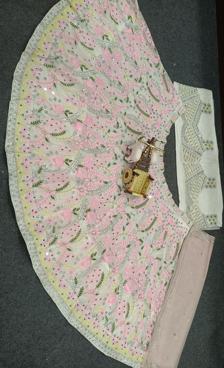 Pink Thread Floral Work White Semi Stitched Lehenga Choli