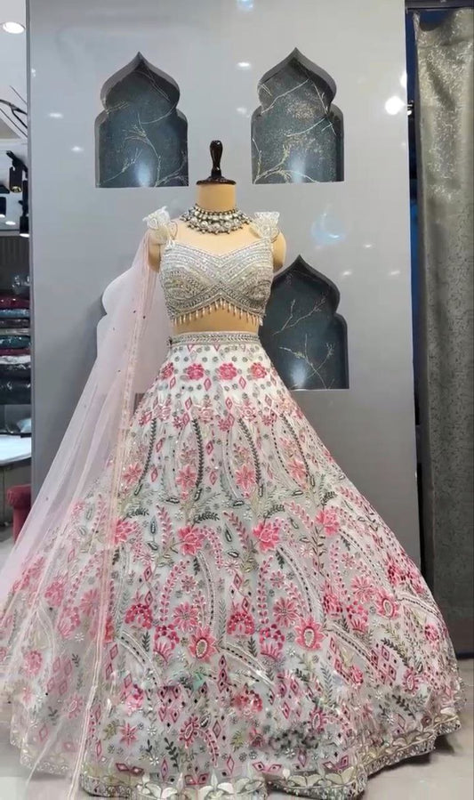 Pink Thread Floral Work White Semi Stitched Lehenga Choli