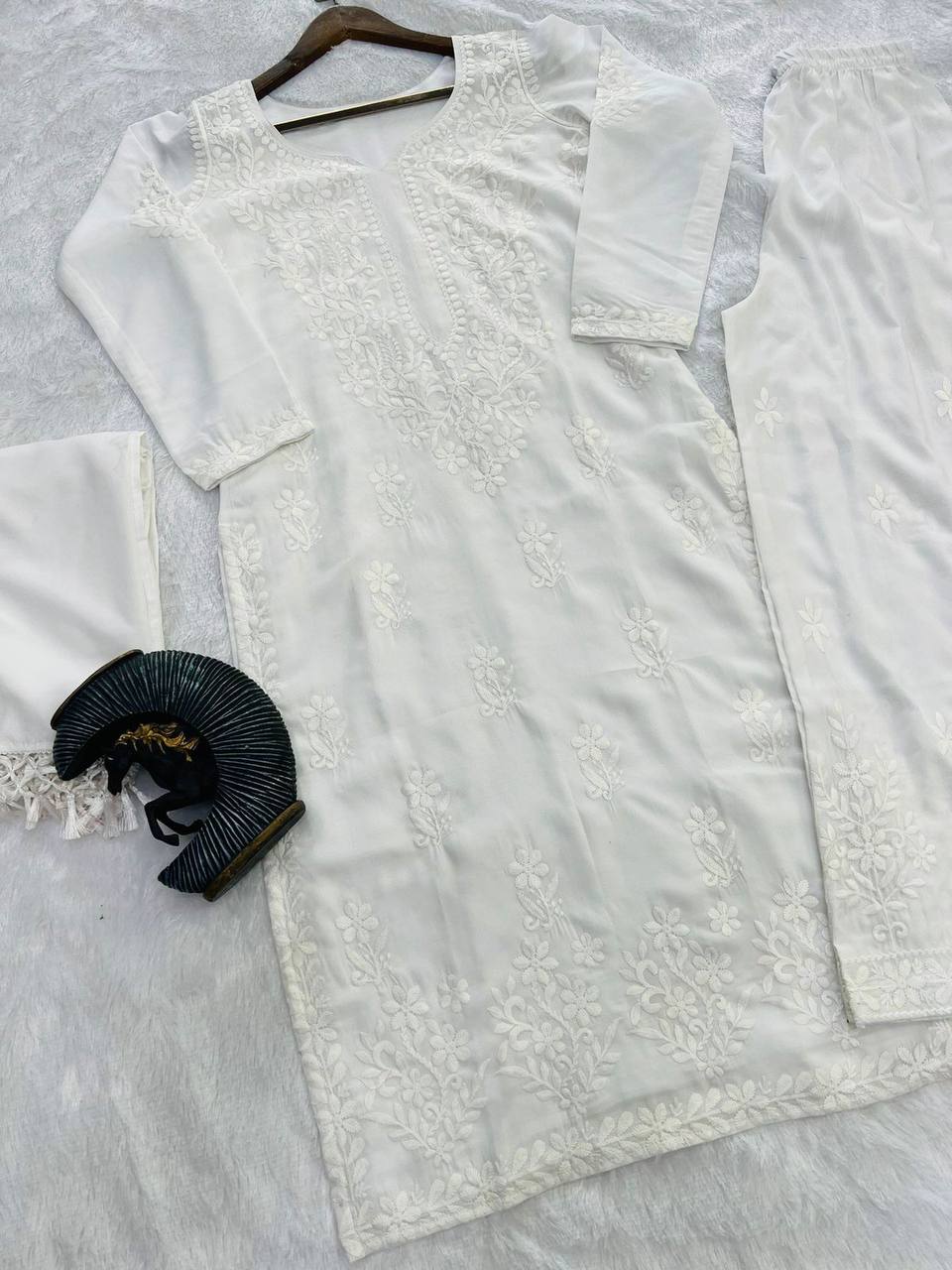 White Cotton Thread Work Maslin Kurta Plazo Set