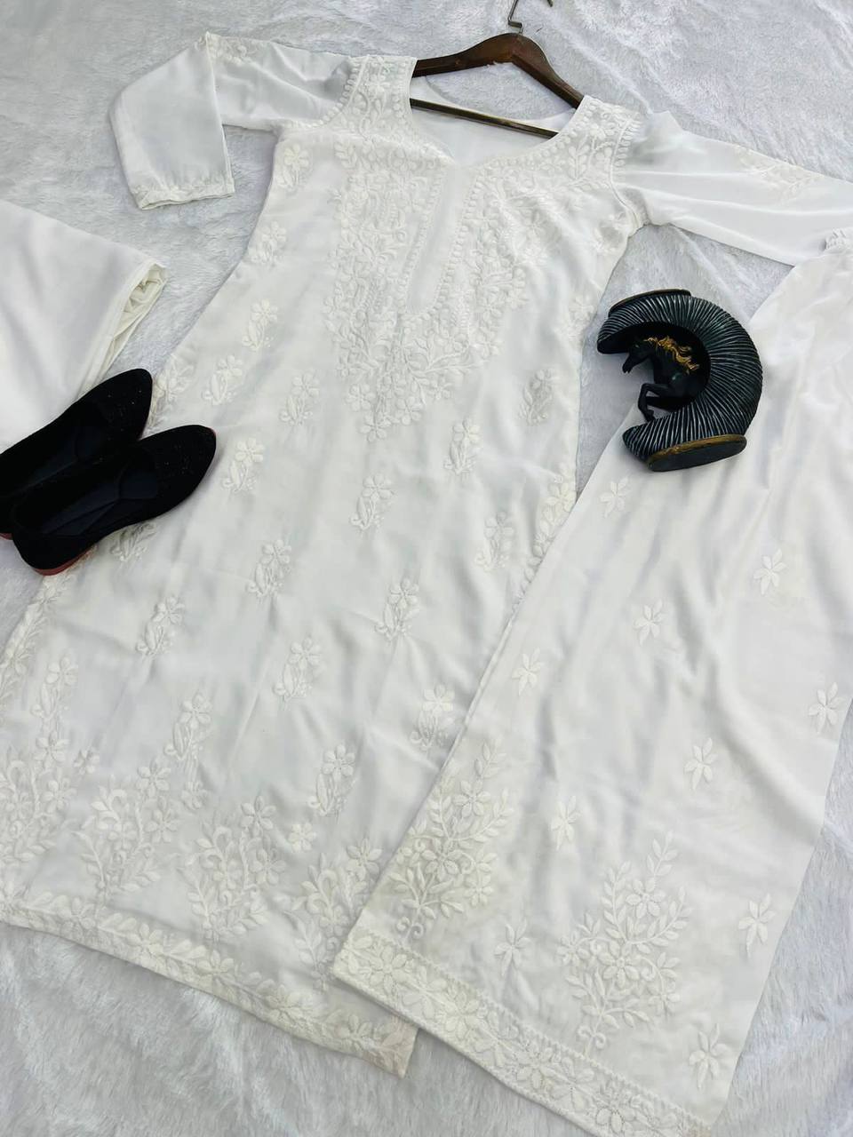 White Cotton Thread Work Maslin Kurta Plazo Set