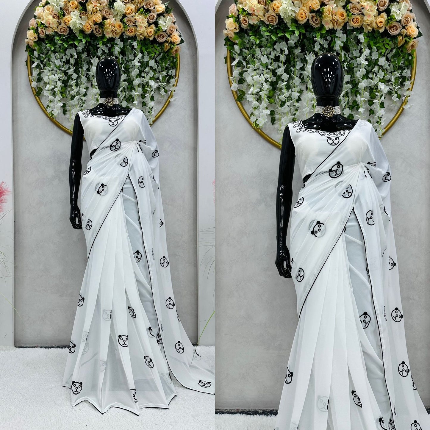 Beautiful White Georgette 1 Min Saree with Unstitched Blouse