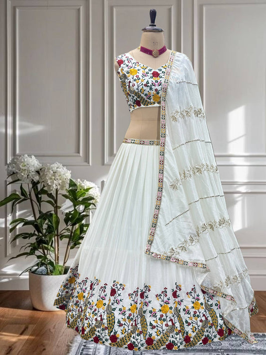 White Color Chinon Silk Thread Peacock Embroidered Lehenga Choli