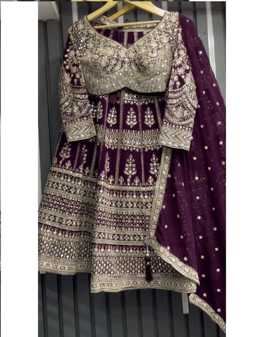 Wine Color Georgette Heavy Work Lehenga Choli For Any Function