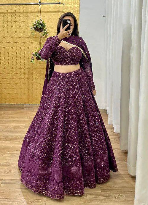 Wine Color Georgette Wedding Wear Lehenga Choli