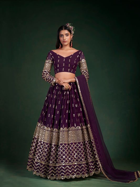 Wine Color Georgette Zari Sequence Embroidered Lehenga Choli