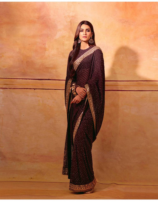 Wine Color Georgette Heavy Border Work Saree
