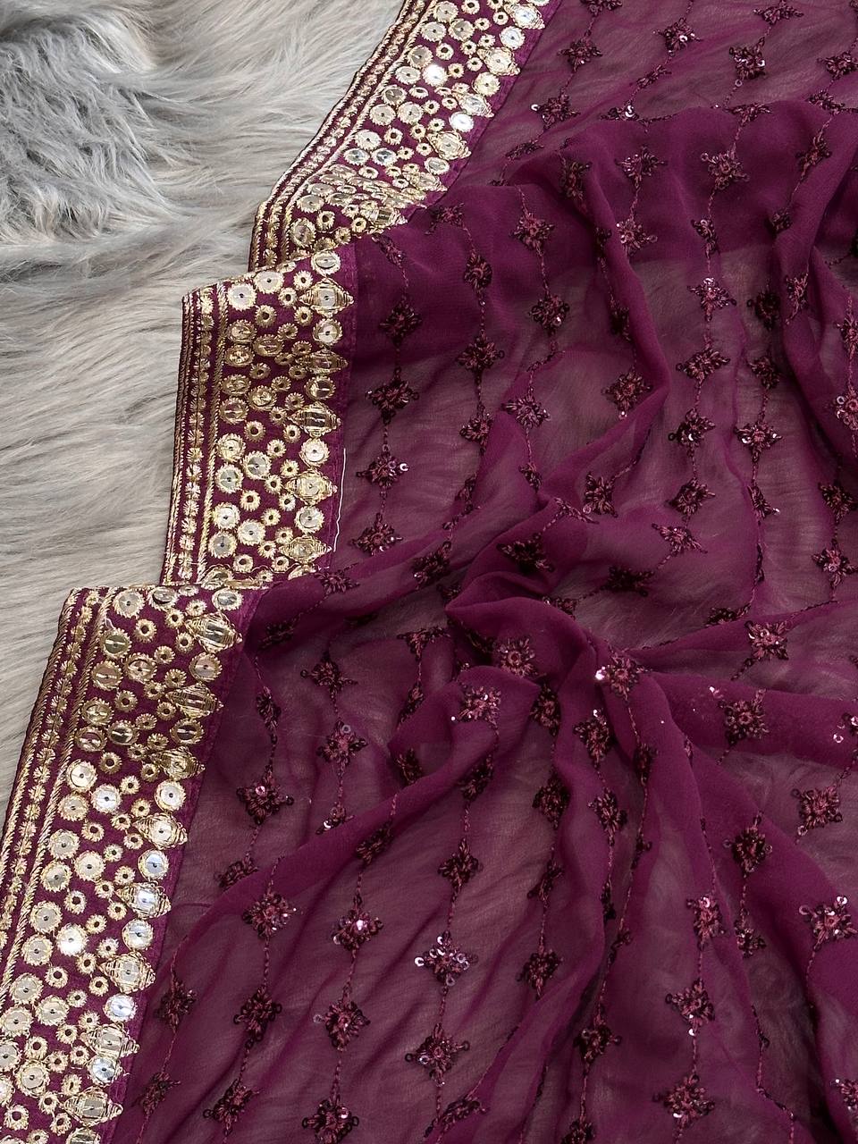 Wine Color Georgette Heavy Border Work Saree