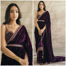 Load image into Gallery viewer, Wine color Velvet Coding Sequence Work Saree with Fabric Form Blouse
