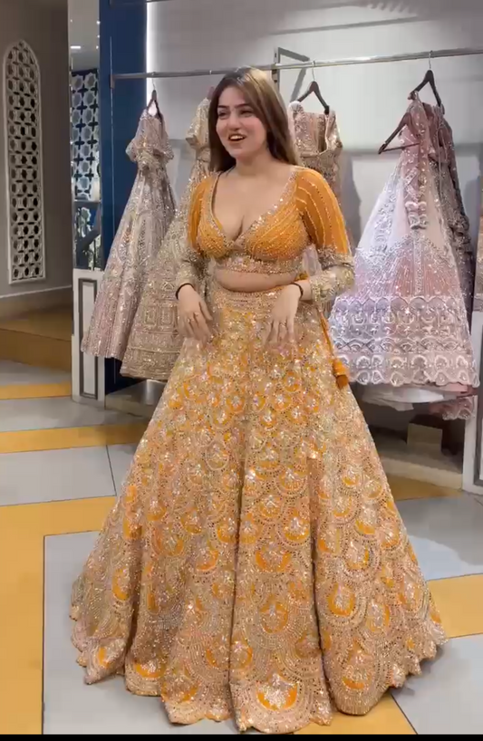 Real Mirror Work Yellow Color Georgette Semi Stitched Lehenga Choli
