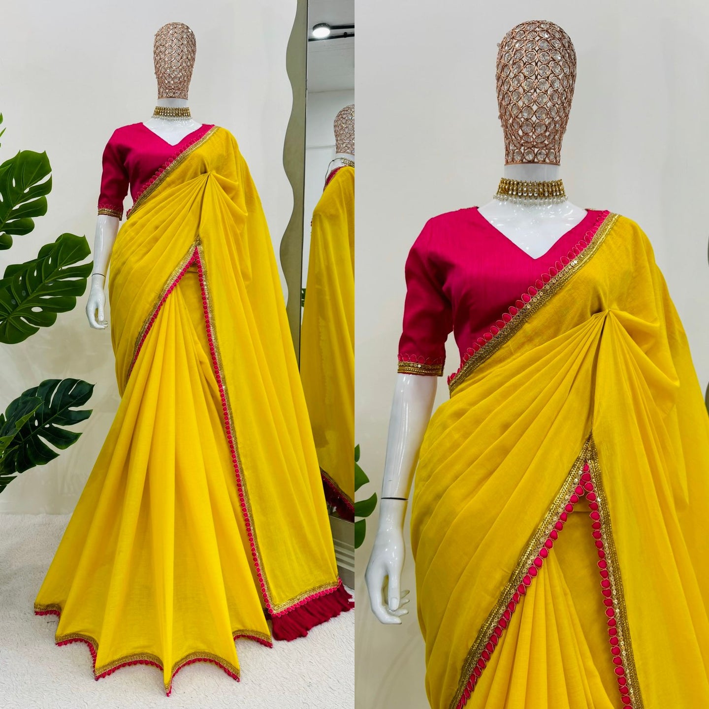 Yellow Color Mul Cotton Stuff Fancy Lace With Heavy Latkan Pallu Saree