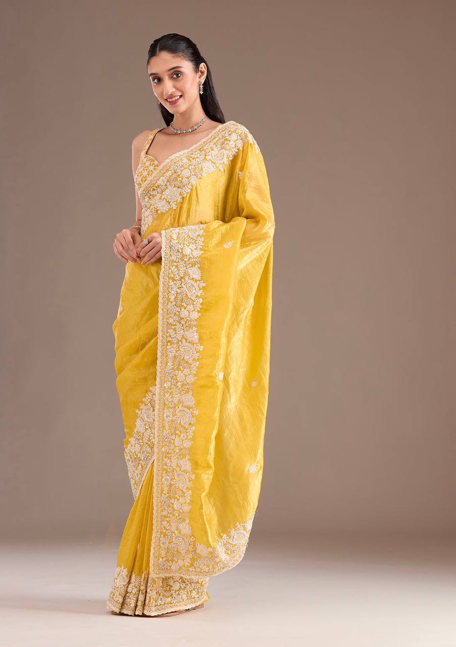 Yellow Silk Embroidered Saree Blouse
