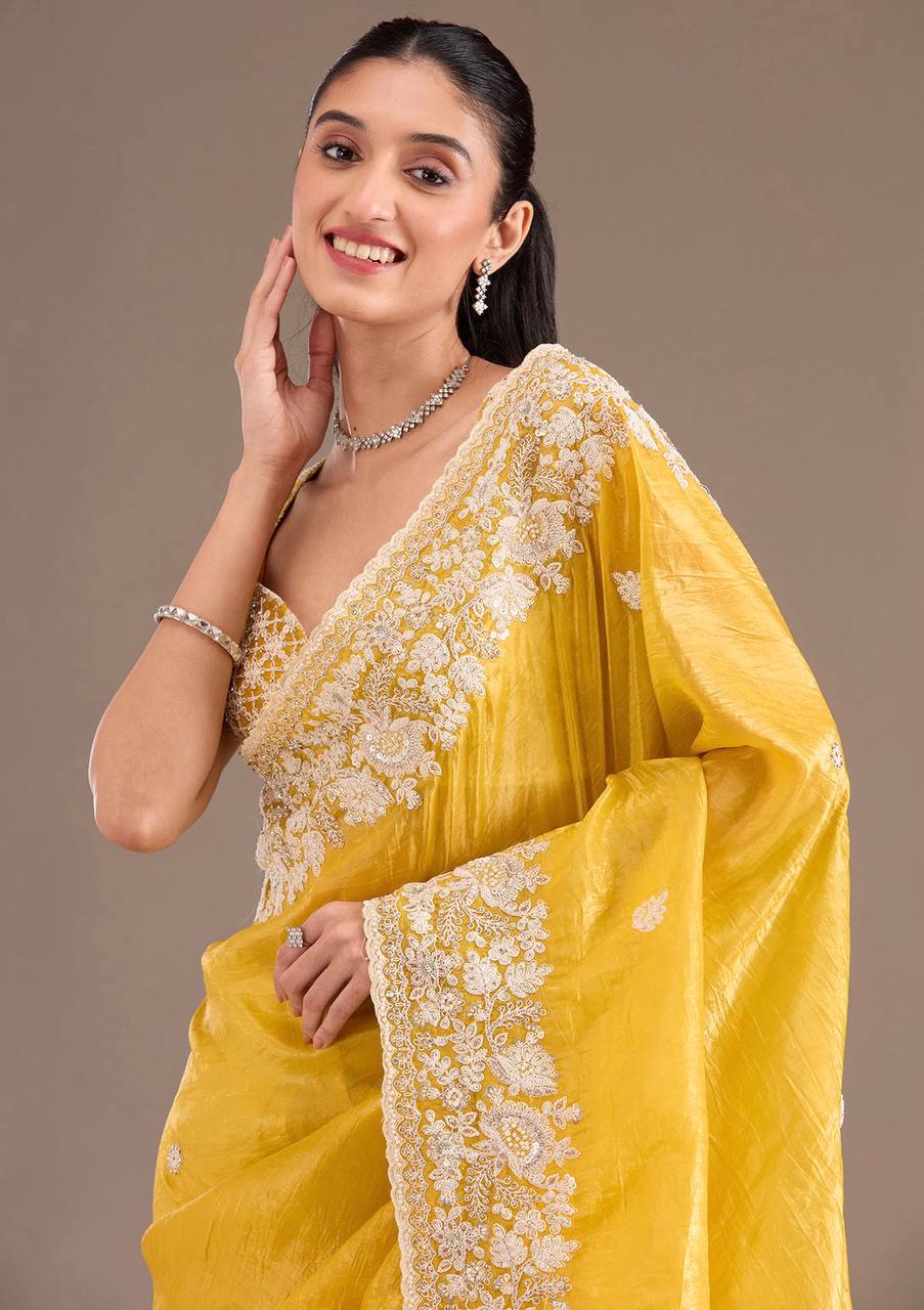 Yellow Silk Embroidered Saree Blouse