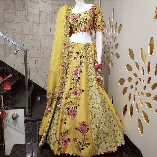 Lovely Yellow Color Silk Semi Stitched Lehegna Choli