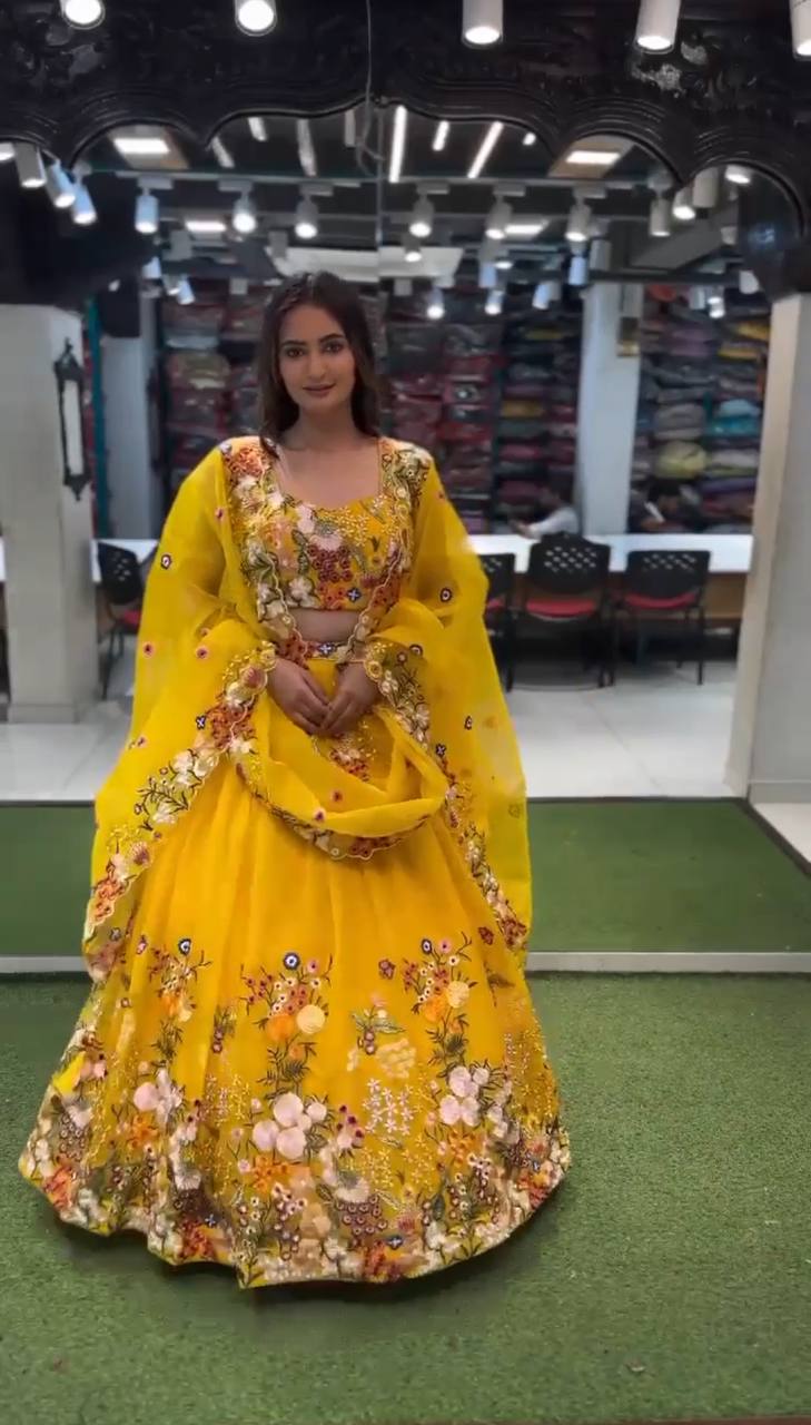 Yellow Organza Silk Lehenga Choli
