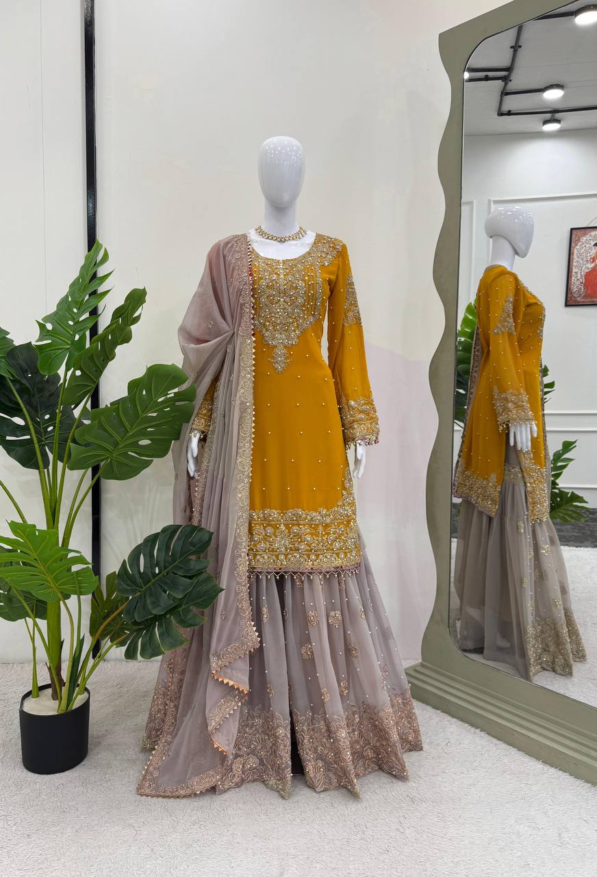 Mustard Color Georgette Embroiderd Full Stiched Sharara Suit