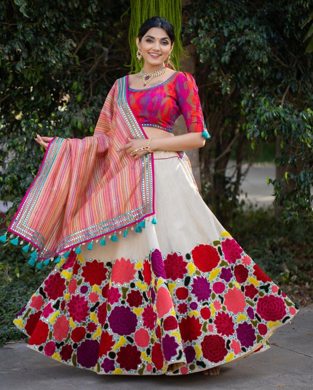 New Fabulous Heavy Slub Cotton Chain Stiched Worked Semi Stiched Lehanga Choli With Georgette  Sequnce Fourside Embroidery Worked Lace Border Duppata