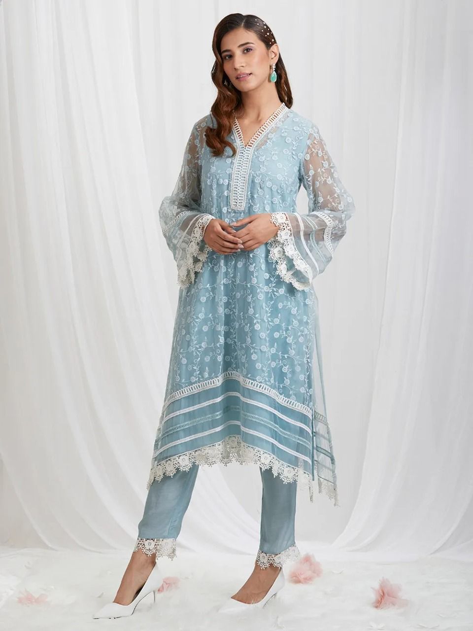 Designer Organza Silk Thred Worked Suit With Satin Silk Bottom And Organza Silk Duppata