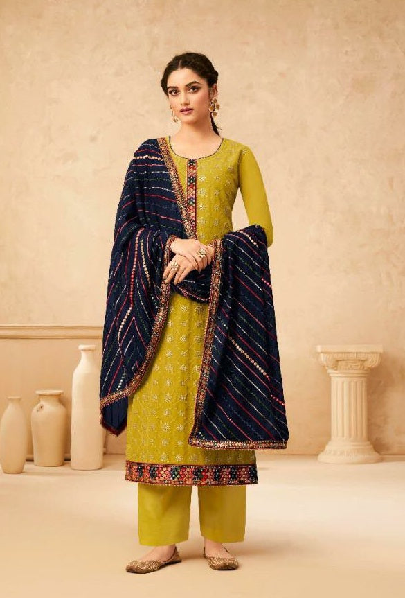 Lemon Yellow Georgette Embroidered Semi Stitched Salwar Suit