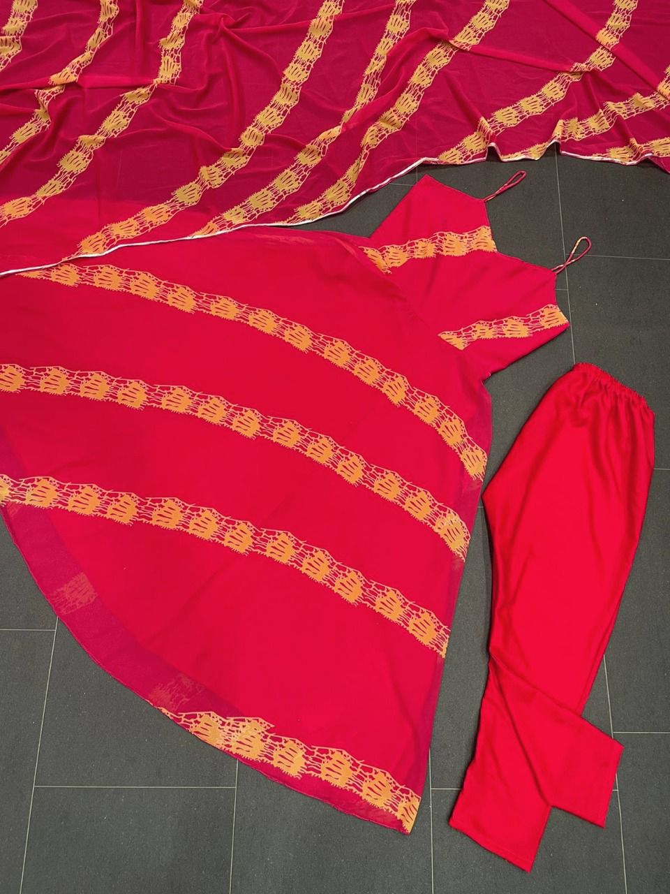 Fancy Red Colour Georgette Printed  Full Stiched Suit With Printed Duppata And Plain Salwar