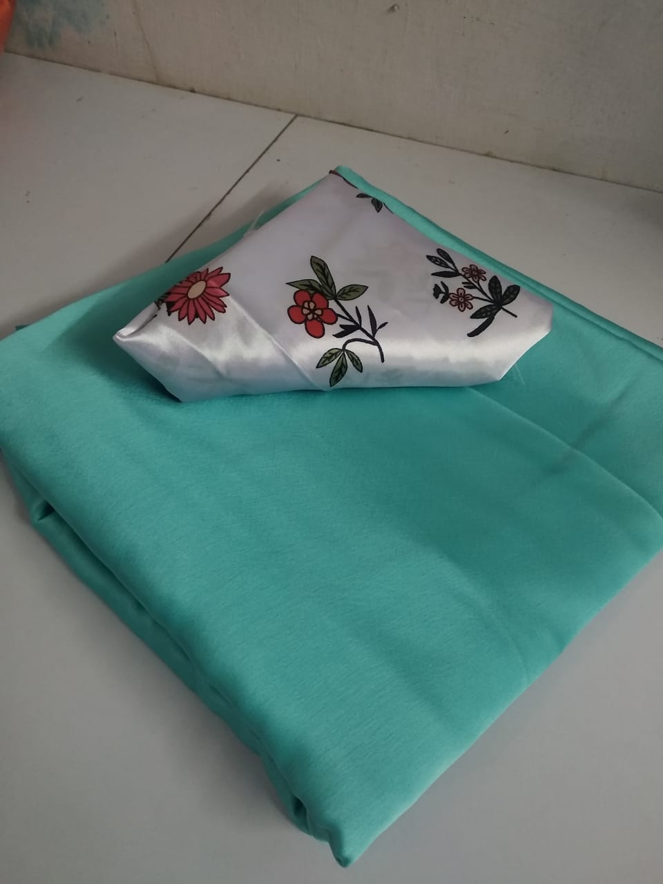 Sea Green Plain Silk saree with Digital Printed Blouse