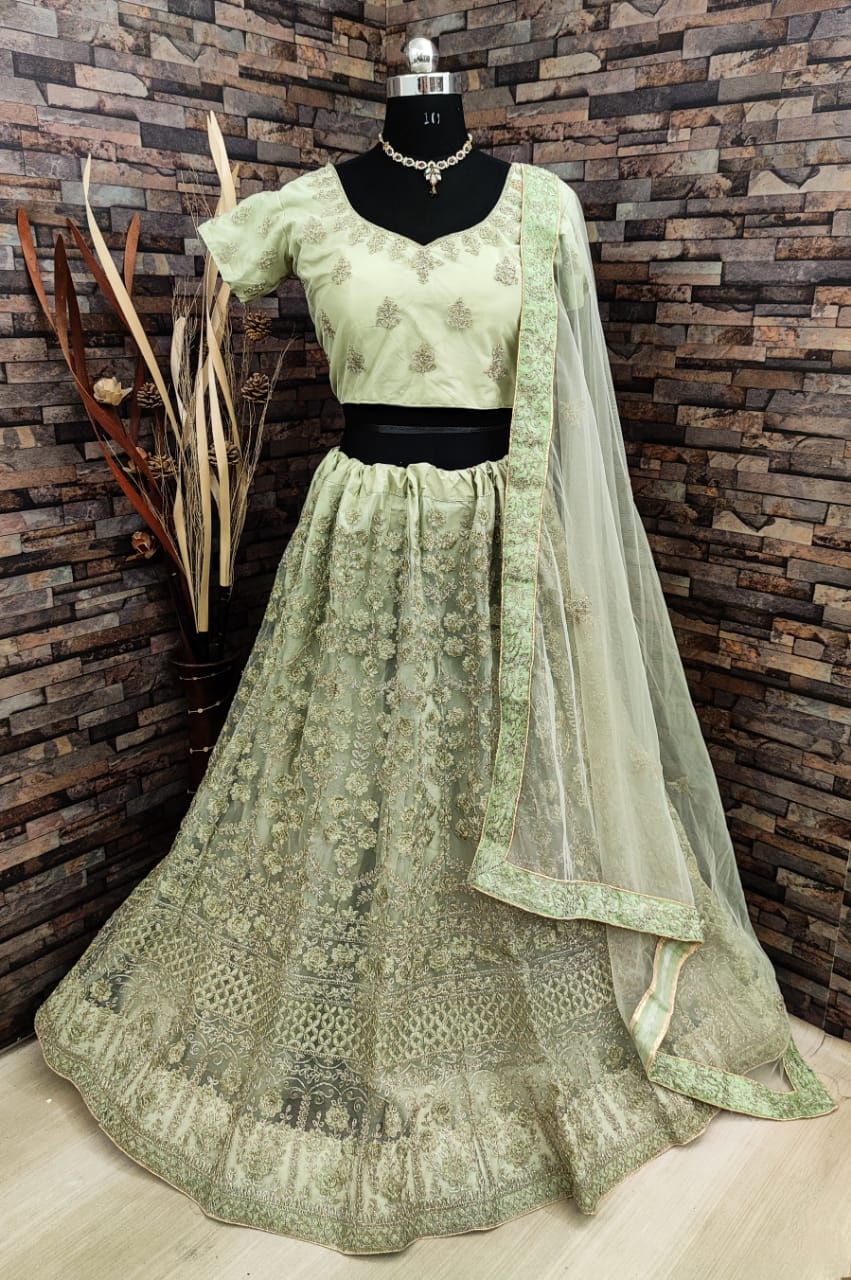 Wedding Wear Light Green Classic Soft Net Coding Thread Fancy Embroidered Work Lehenga Choli