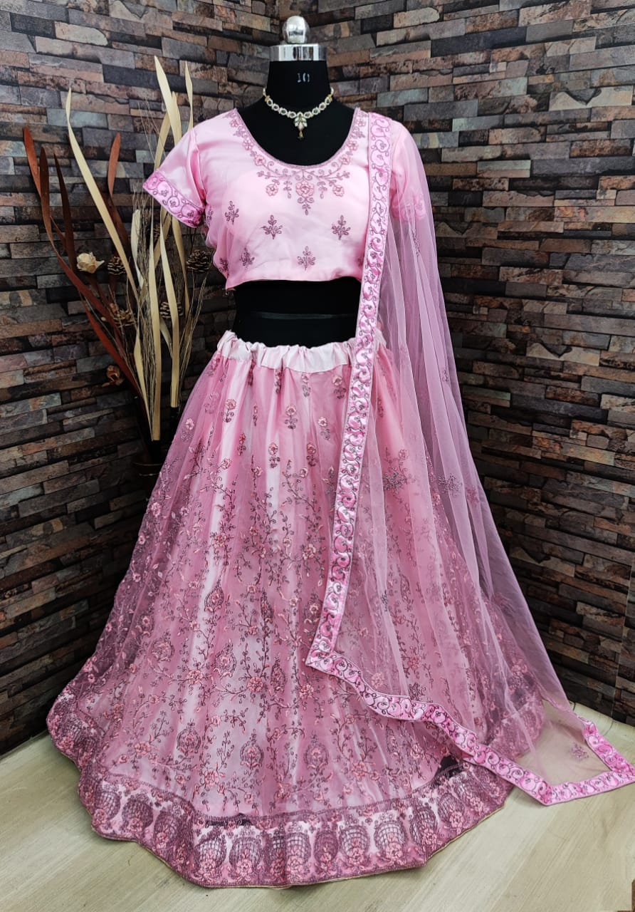 Party Wear Pink Soft Net Embroidered Glitter Coding Thread Work Lehenga Choli