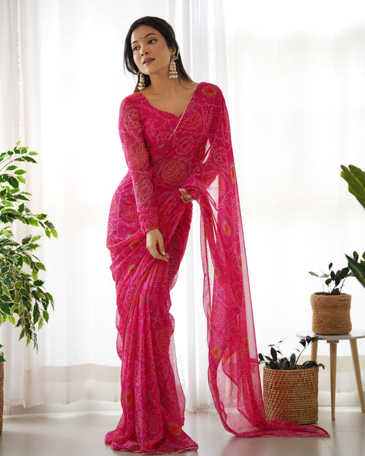 1 Minutes Ready to Wear Pure Chiffon Printed Saree with Stitched Full Sleeve Blouse