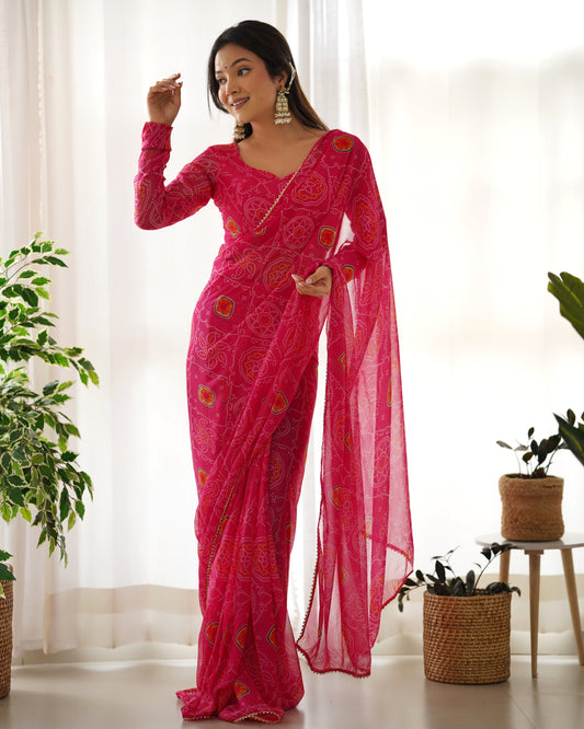 1 Minutes Ready to Wear Pure Chiffon Printed Saree with Stitched Full Sleeve Blouse
