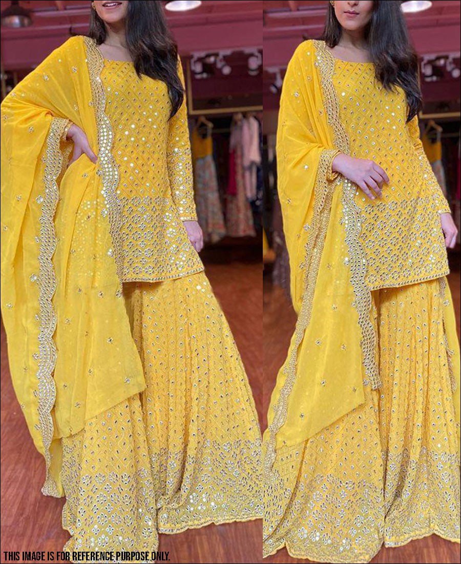 Party Wear Designer Georgette Yellow Color Sharara For Haldi Function