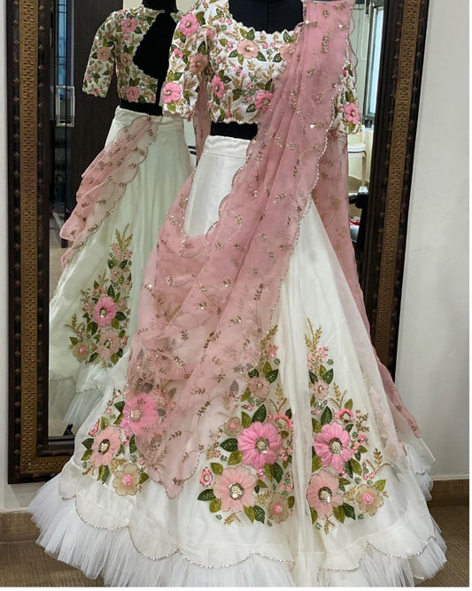 Beautiful Flower Design Embroidary And Sequence Worked Lehanga Choli With Net Duppata