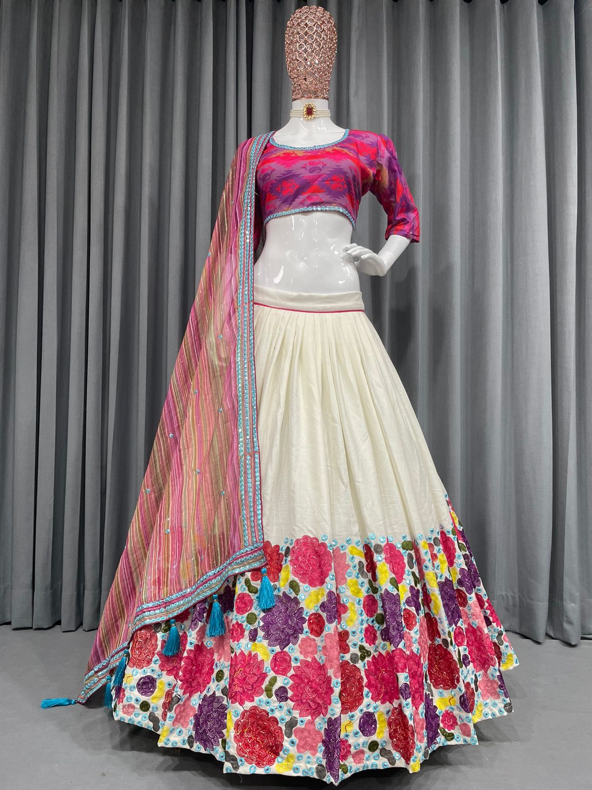 New Fabulous Heavy Slub Cotton Chain Stiched Worked Semi Stiched Lehanga Choli With Georgette  Sequnce Fourside Embroidery Worked Lace Border Duppata