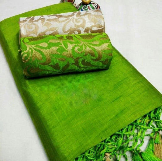 Parrot Green Chanderi Silk two blouse Saree Bloues with Tussel pattern