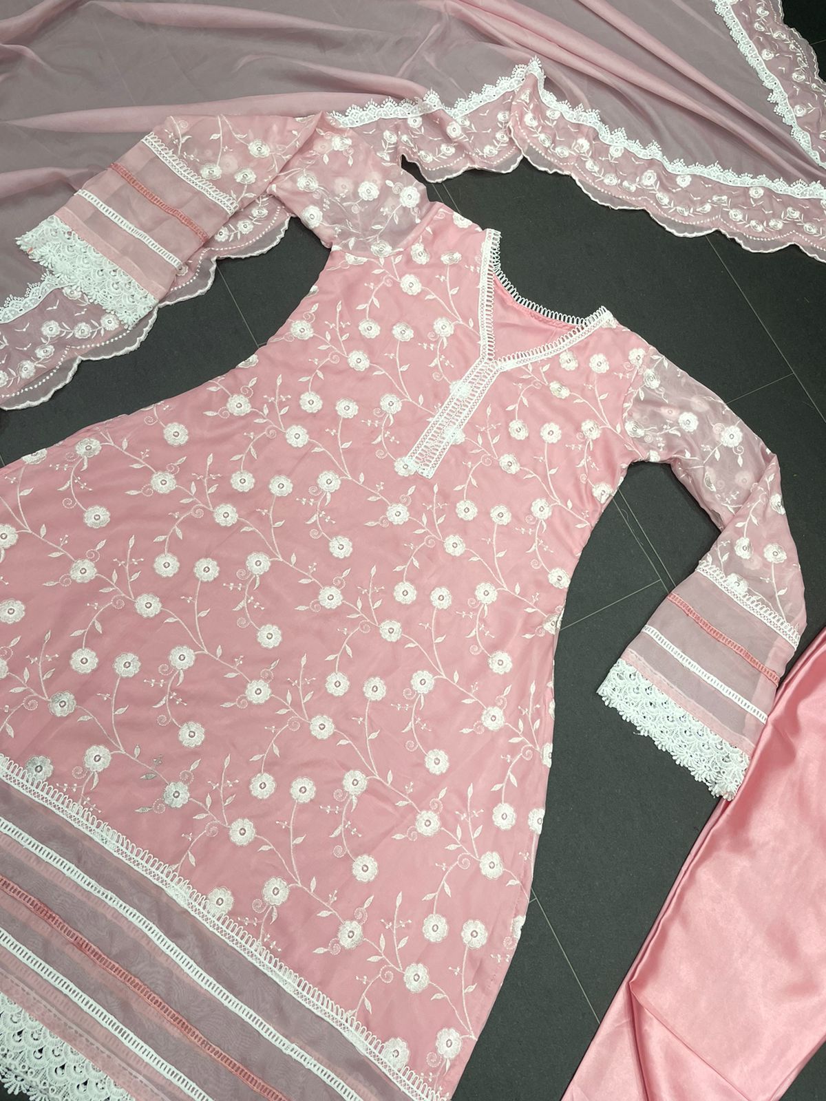 Designer Organza Silk Thred Worked Suit With Satin Silk Bottom And Organza Silk Duppata