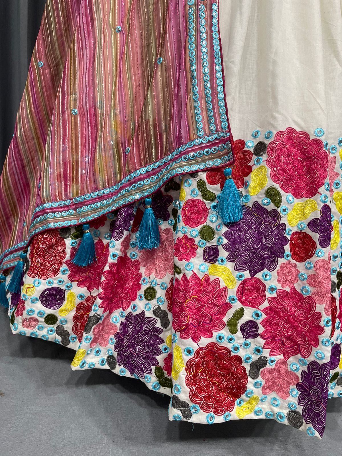 New Fabulous Heavy Slub Cotton Chain Stiched Worked Semi Stiched Lehanga Choli With Georgette  Sequnce Fourside Embroidery Worked Lace Border Duppata