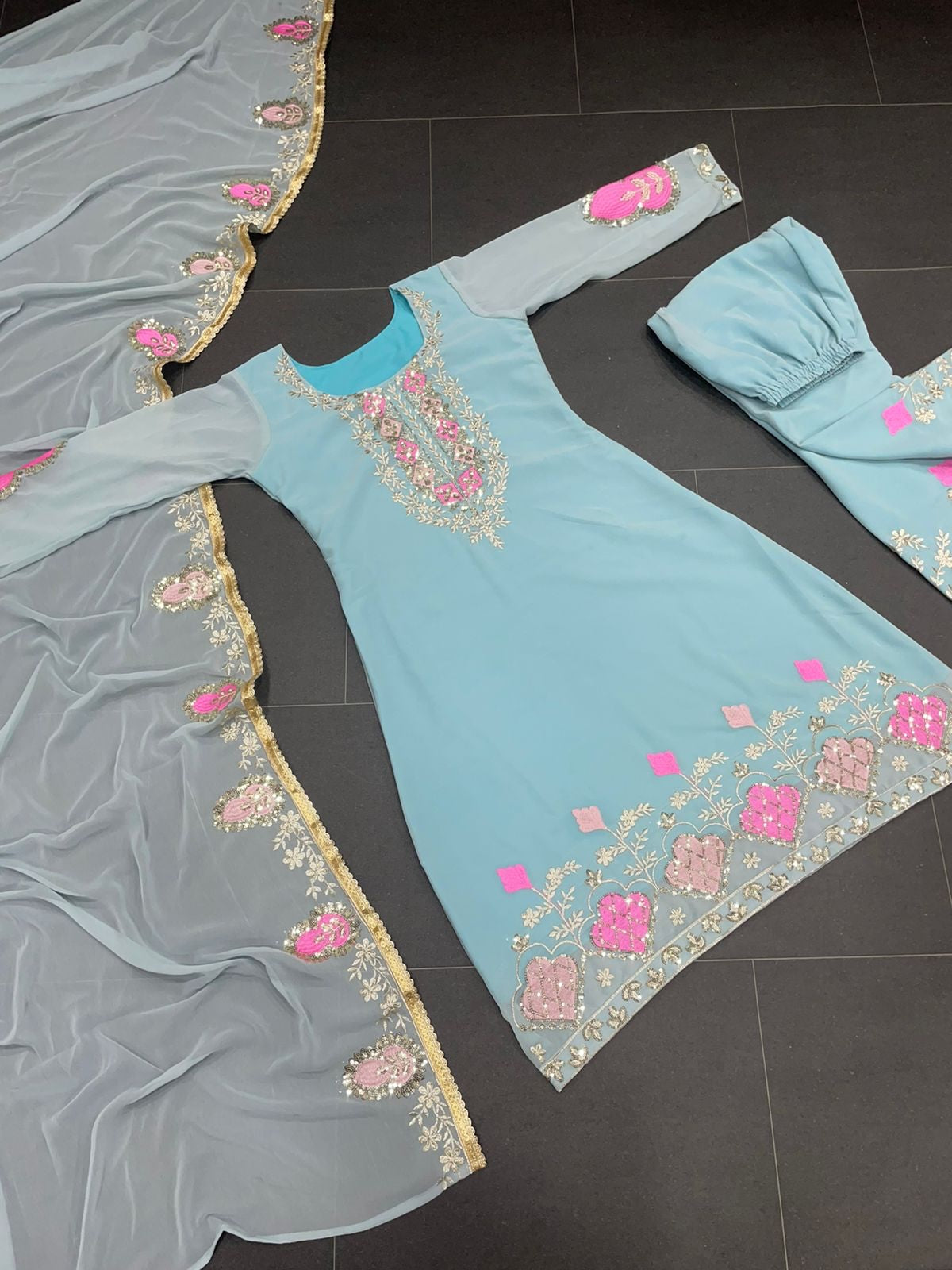 Party Wear Skyblue Color Wedding Wear Beautiful Embroidered Work Faux Georgette Salwar Suit