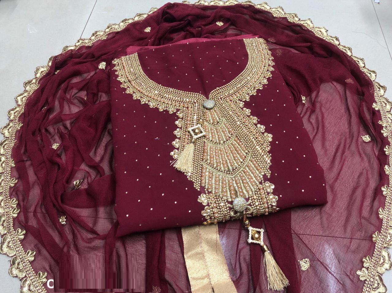 Function Wear Maroon Georgette Embroidered Heavy Dress Material