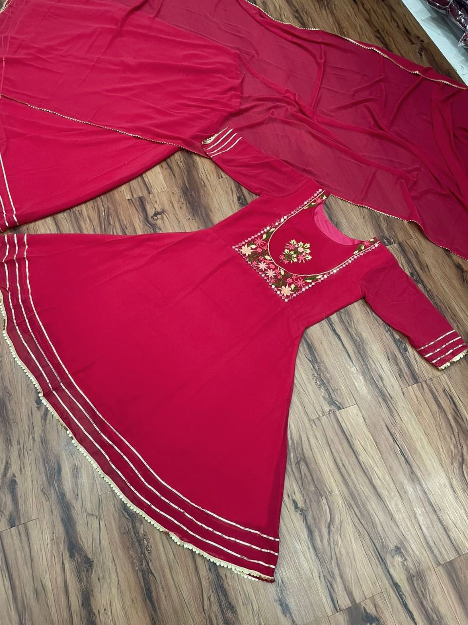 Amazing Georgette Embroidary Worked Top With Full Stiched Skirt With Elastic And Duppata