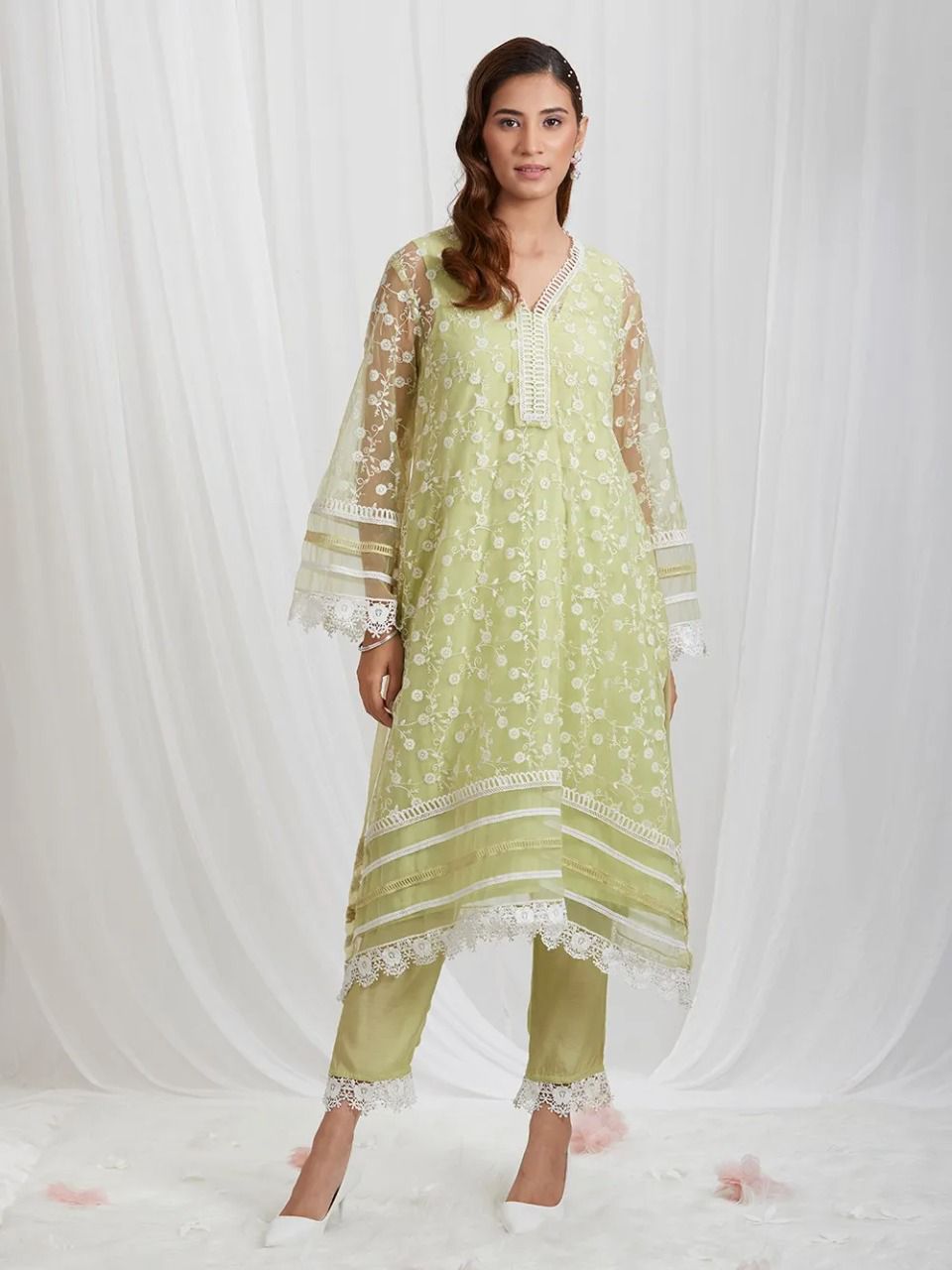 Designer Organza Silk Thred Worked Suit With Satin Silk Bottom And Organza Silk Duppata